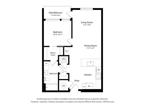 1Bed - A01 Floor Plan at Arrowwood Apartments, Maryland